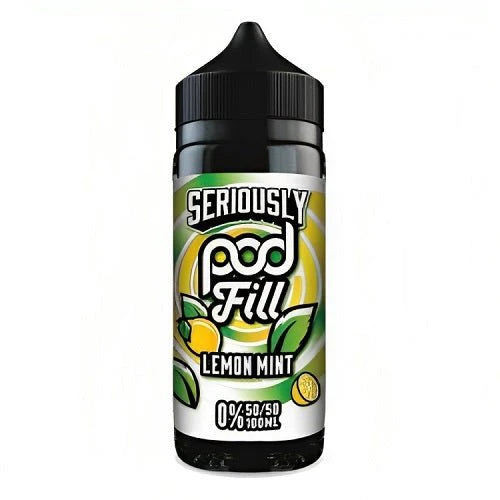 Vape pod bottle labeled 'Seriously Pod Fill Lemon Mint' on a white background