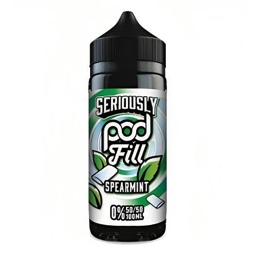 Spearmint-flavored vape juice pod with 'Seriously Pod Fill' branding on a white background