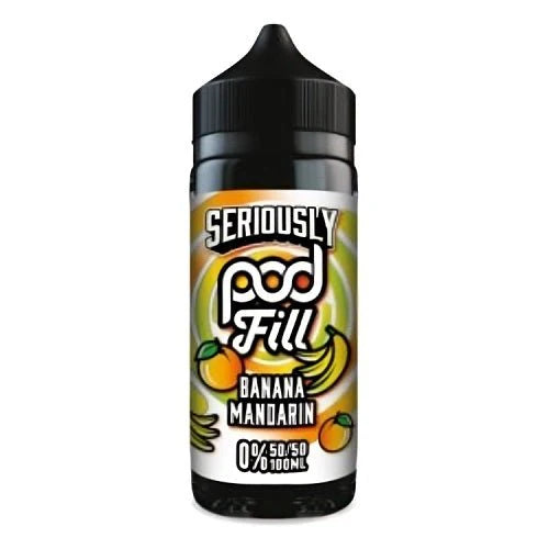 Seriously Pod Fill Banana Mandarin vape juice bottle on a white background