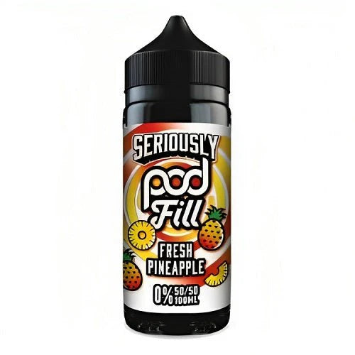 Vape pod with 'Seriously Pod Fill' label on a white background