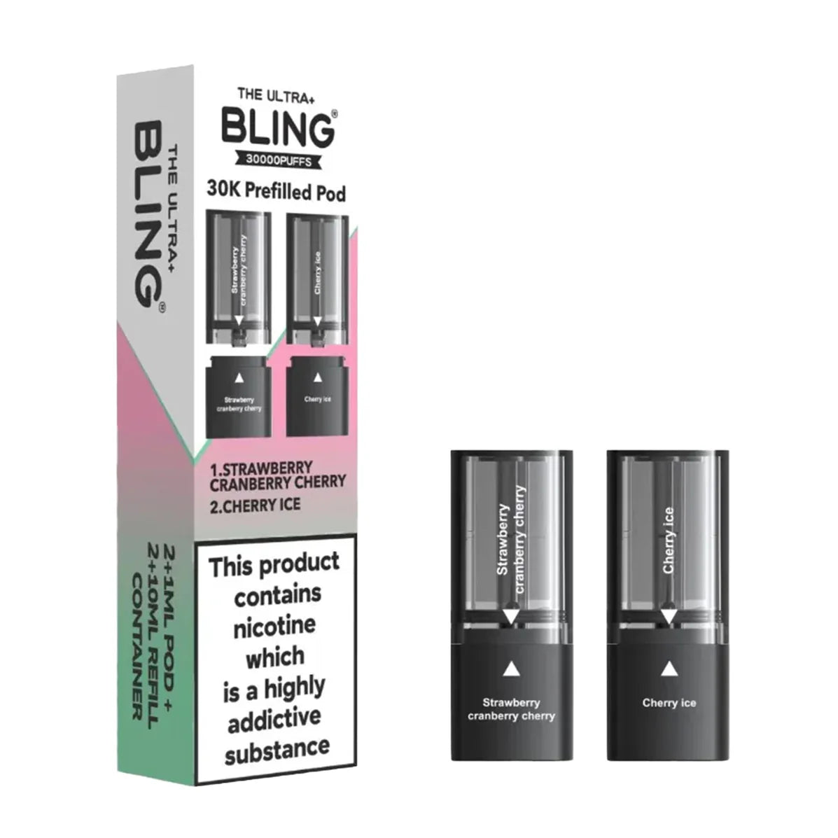 Bling vape pod packaging with two pods on a white background