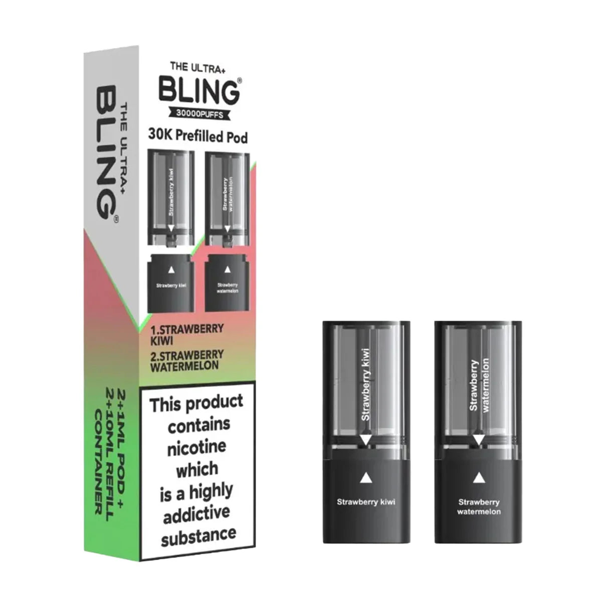 Bling vape pod packaging with two pods on a white background