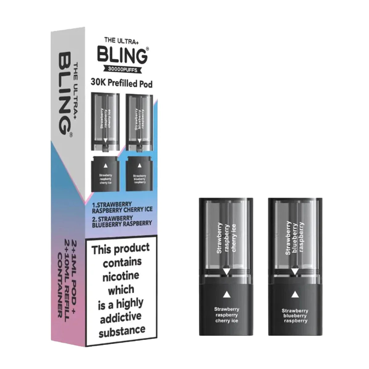 Bling vape pod packaging with two vape pods on a white background