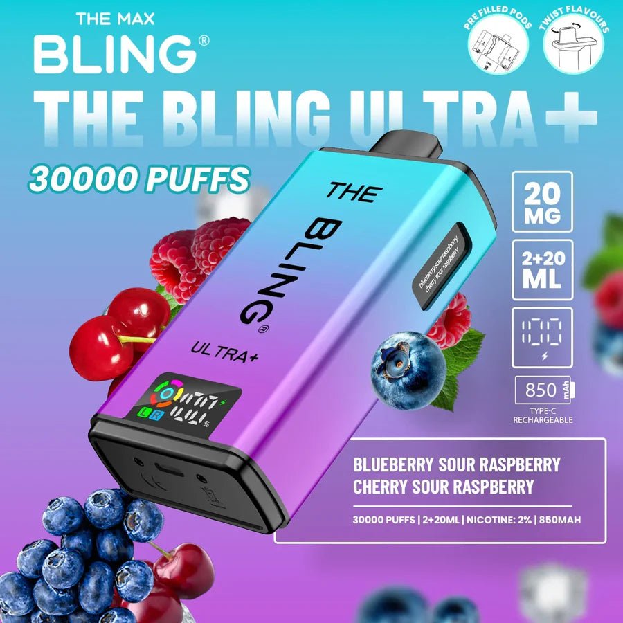 The Bling Ultra Plus 30K Prefilled Vape Kit - Eliquid Base - Blueberry Sour Raspberry / Cherry Sour Raspberry