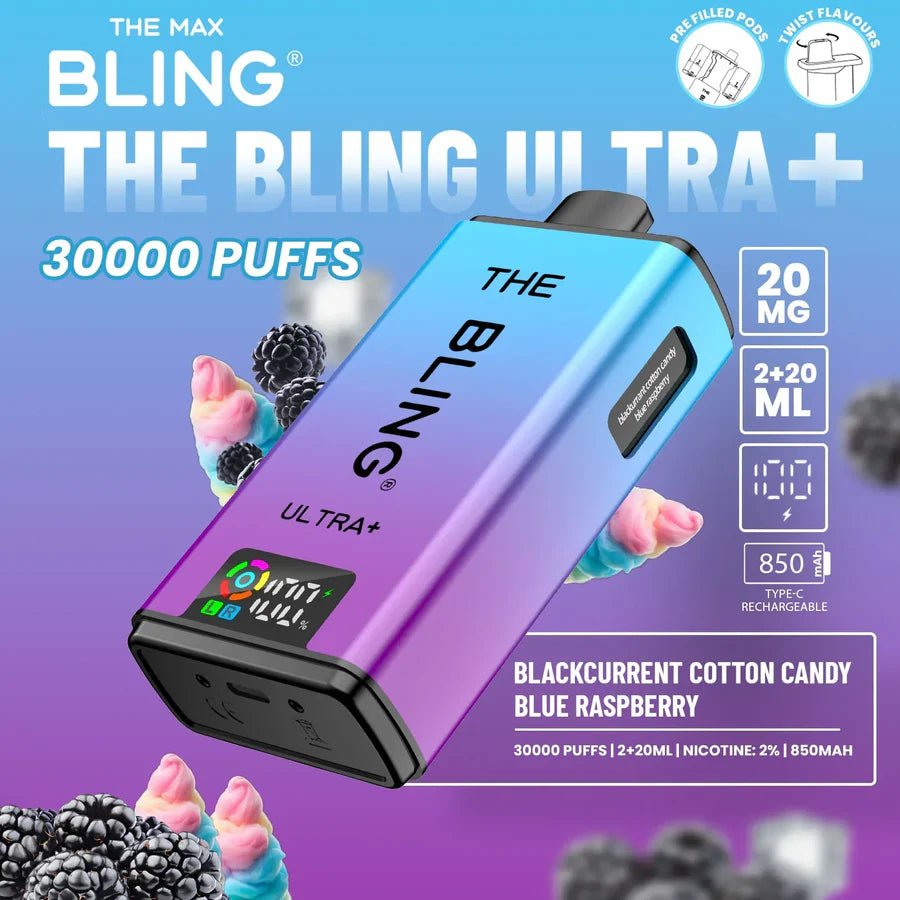 The Bling Ultra Plus 30K Prefilled Vape Kit - Eliquid Base - Blackcurrant Cotton Candy / Blue Raspberry