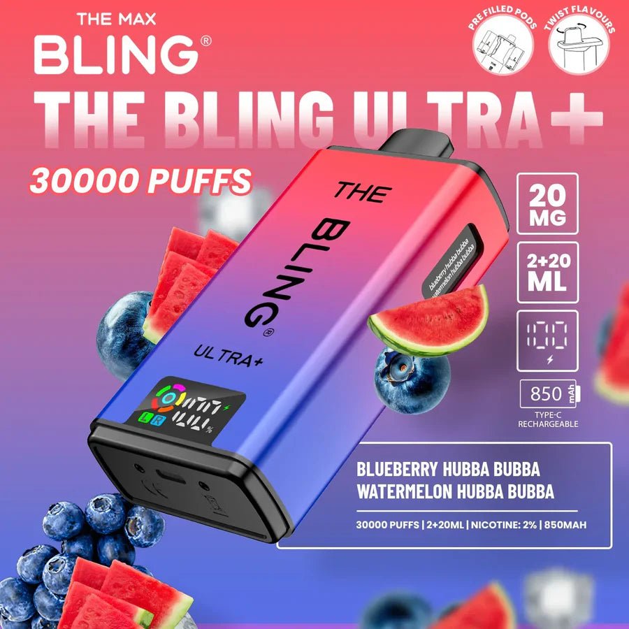 The Bling Ultra Plus 30K Prefilled Vape Kit - Eliquid Base - Blueberry Hubba Bubba / Watermelon Hubba Bubba