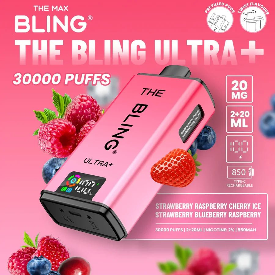 The Bling Ultra Plus 30K Prefilled Vape Kit - Eliquid Base - Strawberry Raspberry Cherry Ice / Strawberry Blueberry Raspberry