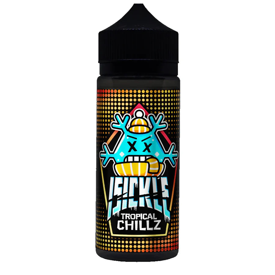 Vape juice bottle with colorful design and text on a white background