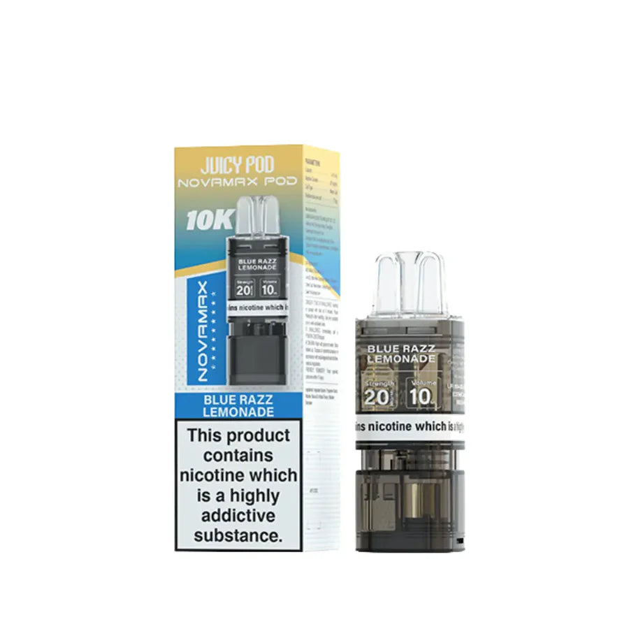 Juicy Pod Novamax vape pod with packaging on a white background