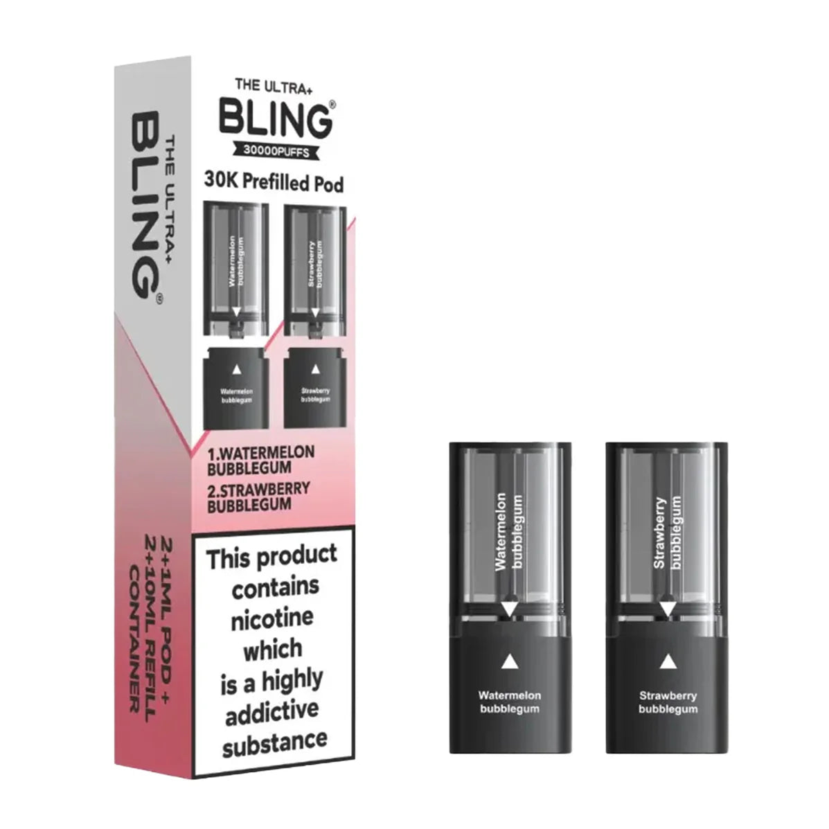 Bling vape pod packaging with two pods displayed on a white background