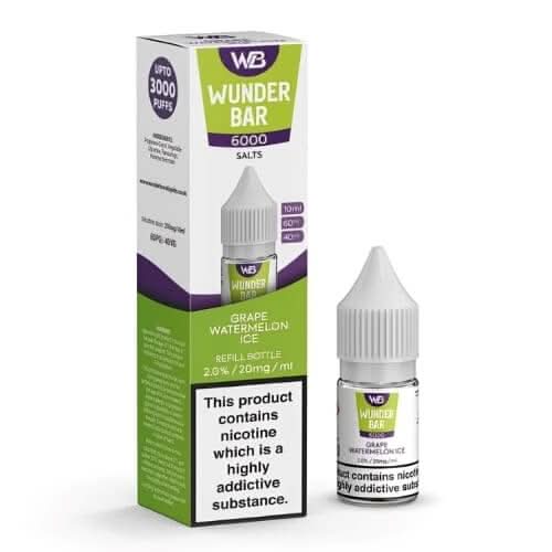 Wunder Bar 6000 Nic Salt 10ml E-Liquid  Pack of 5 ,Grape Watermelon Ice