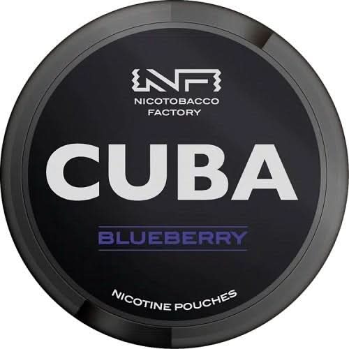 Cuba Nicotine Pouches Blueberry in a round tin, featuring a sweet and juicy blueberry flavour with a powerful nicotine boost in a discreet, tobacco-free pouch.