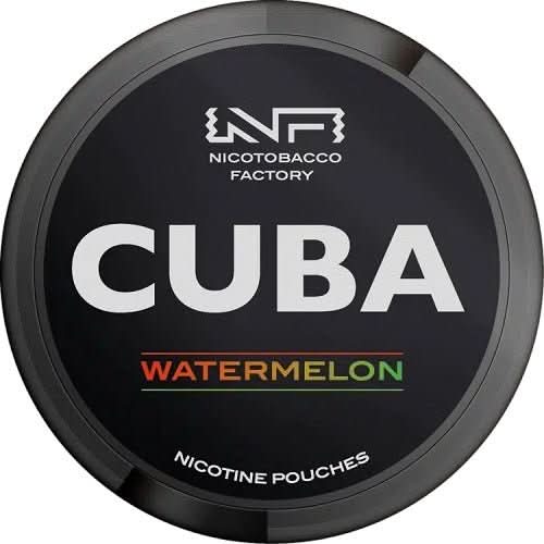 Cuba Nicotine Pouches Watermelon in a round tin, delivering a refreshing and juicy watermelon flavour with strong nicotine in a tobacco-free pouch.