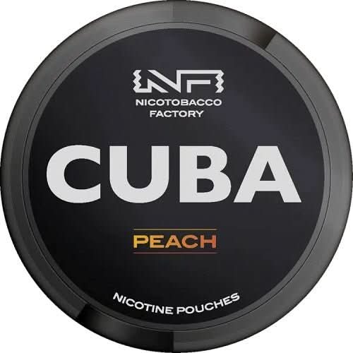 Cuba Nicotine Pouches Peach in a round tin, delivering a sweet and juicy peach flavour with a powerful nicotine boost in a smooth, tobacco-free pouch.