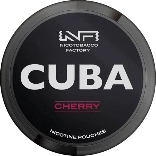 Cuba Nicotine Pouches Cherry Pack of 10 in a round tin, featuring rich cherry flavour combined with a strong nicotine hit in tobacco-free pouches.