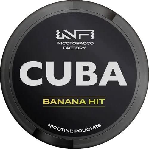 Cuba Nicotine Pouches Banana Hit Pack of 10 in a round can, blending sweet banana flavour with a potent nicotine hit in tobacco-free pouches.
