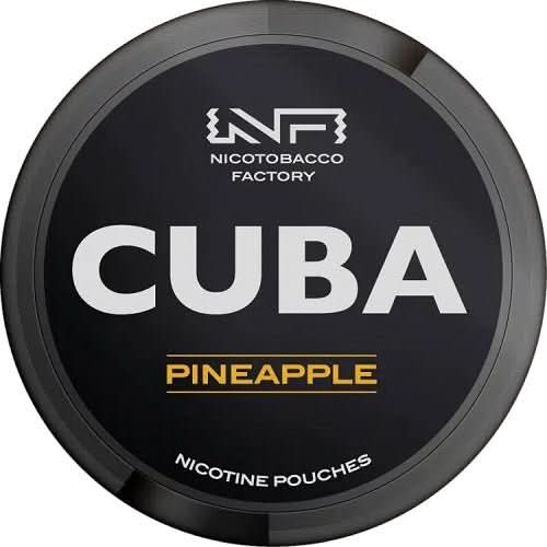 Cuba Nicotine Pouches Pineapple Pack of 10 in a round tin, featuring a tropical pineapple burst with bold nicotine strength in tobacco-free pouches.