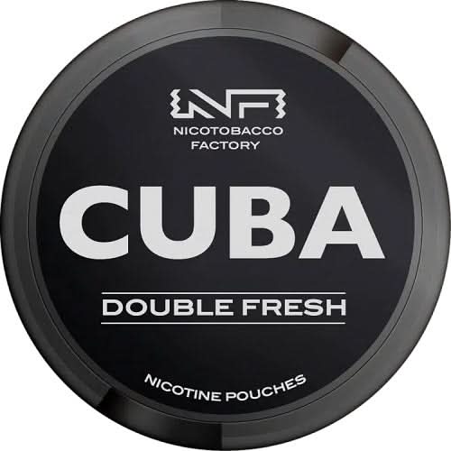 Cuba Nicotine Pouches Double Fresh Pack of 10 in a round can, offering an icy burst of dual mint freshness with powerful nicotine in tobacco-free pouches.