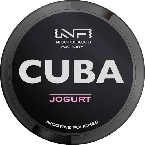 Cuba Nicotine Pouches Jogurt Pack of 10 in a round tin, offering a creamy yogurt-inspired flavour with a smooth nicotine release in tobacco free pouches.