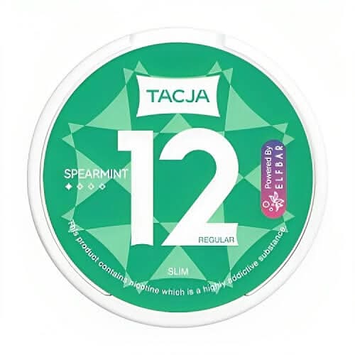 Tacja Nicopod Spearmint in a round tin, delivering a sweet and cooling spearmint flavour with high nicotine strength in a smooth, tobacco-free pouch.