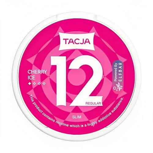 Tacja Nicopod Cherry Ice in a round can, delivering a sweet cherry flavour with an icy cool finish and strong nicotine in a tobacco-free pouch.