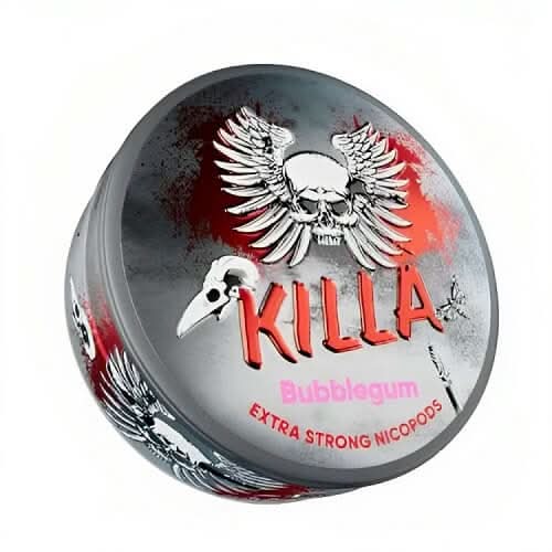 Round Killa Nicopods tin with Bubblegum flavour pouches, offering a nostalgic sweet taste and strong nicotine kick without smoke.