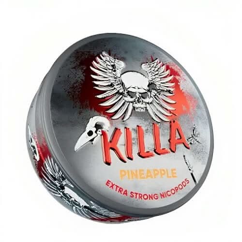 Pineapple Killa Nicopods in a sleek round tin, delivering zesty tropical flavour with smoke-free, fast-acting nicotine.