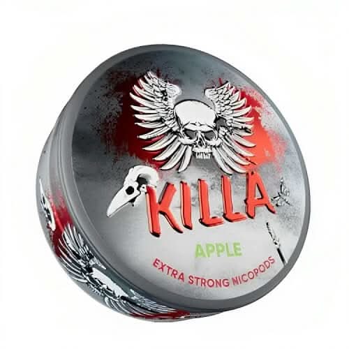 Round box of Killa Nicopods Apple flavour nicotine pouches, offering a crisp green apple taste in a smoke-free pouch format.