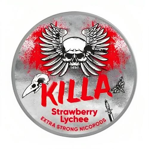 Killa Nicopods Strawberry Lychee in a circular tin, combining juicy strawberry with exotic lychee for a fruity nicotine pouch.