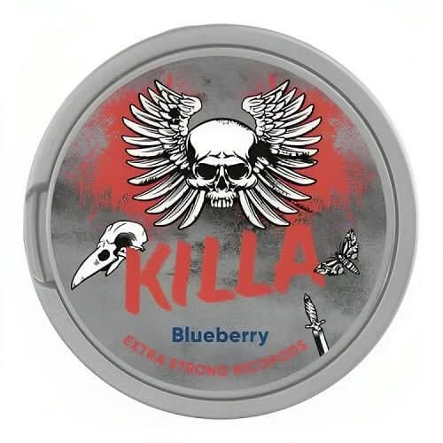 Killa Nicopods Blueberry pouches in a round can, delivering a sweet and tangy berry burst with high-strength nicotine satisfaction.