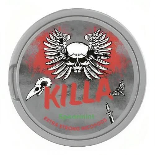 Round box of Killa Nicopods Spearmint flavour, known for its sweet minty taste and clean nicotine experience with no odour.