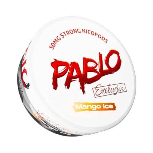 Pablo Nicopods Mango Ice in a round tin, delivering sweet tropical mango flavour with a cool menthol twist and intense nicotine hit.