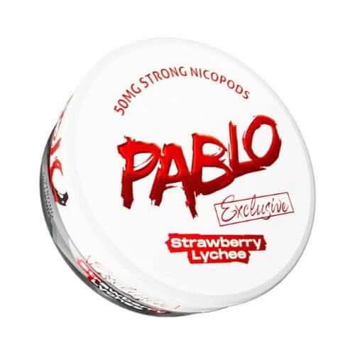 Pablo Nicopods Strawberry Lychee in a round box, blending sweet strawberry with exotic lychee flavour and strong nicotine in a discreet pouch.