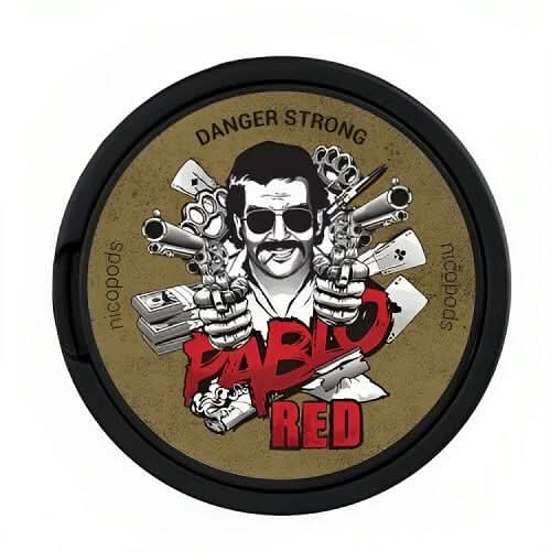 Pablo Nicopods Red in a round tin, featuring an intense nicotine hit with a bold, refreshing flavour in a strong, tobacco-free pouch format.