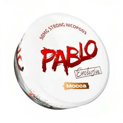 Pablo Nicopods Mocca in a round tin, combining bold coffee and chocolate notes with intense nicotine in a smooth, tobacco-free pouch.