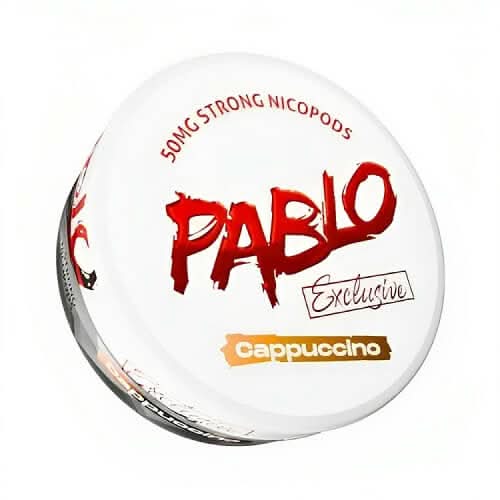 Pablo Nicopods Cappuccino in a round tin, delivering a rich coffee flavour with creamy notes and high nicotine strength in a smoke-free pouch.