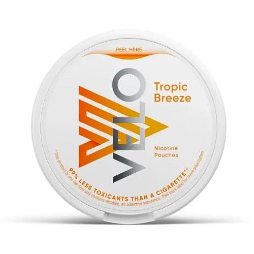 Velo Nicotine Pouches Tropic Breeze in a round tin, offering a fruity blend of tropical flavours with smooth nicotine in a discreet, tobacco-free pouch.