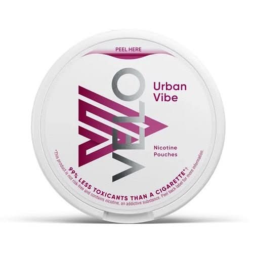 Velo Nicotine Pouches Urban Vibe in a round can, featuring a bold, fruity energy drink-inspired flavour with smooth nicotine in a tobacco-free pouch.