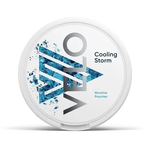 Velo Nicotine Pouches Cooling Storm in a round can, delivering an intense icy menthol sensation with smooth nicotine in a clean, tobacco-free pouch.