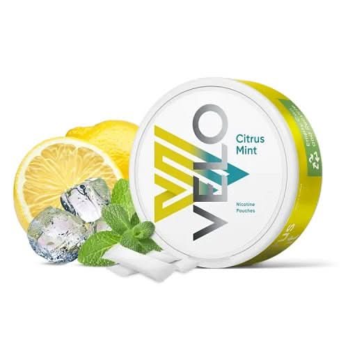 Velo Nicotine Pouches Citrus Mint in a round tin, blending zesty citrus with cool mint flavour and smooth nicotine in a tobacco-free, discreet pouch.