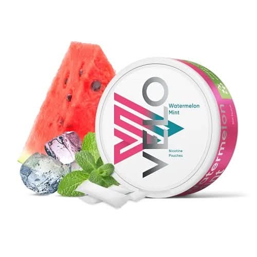 Velo Nicotine Pouches Watermelon Mint in a round tin, blending juicy watermelon with cool mint and smooth nicotine in a clean, tobacco-free pouch.
