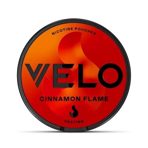 Velo Nicotine Pouches Cinnamon Flame in a round tin, offering a warm and spicy cinnamon flavour with smooth nicotine in a tobacco-free pouch.