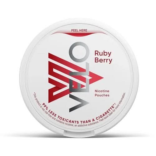 Velo Nicotine Pouches Ruby Berry in a round can, delivering a sweet and tangy berry blend with smooth nicotine in a clean, tobacco-free pouch.


