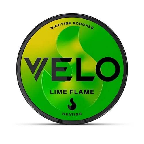 Velo Nicotine Pouches Lime Flame in a round can, featuring a zesty lime flavour with a bold kick and smooth nicotine in a clean, tobacco-free pouch.
